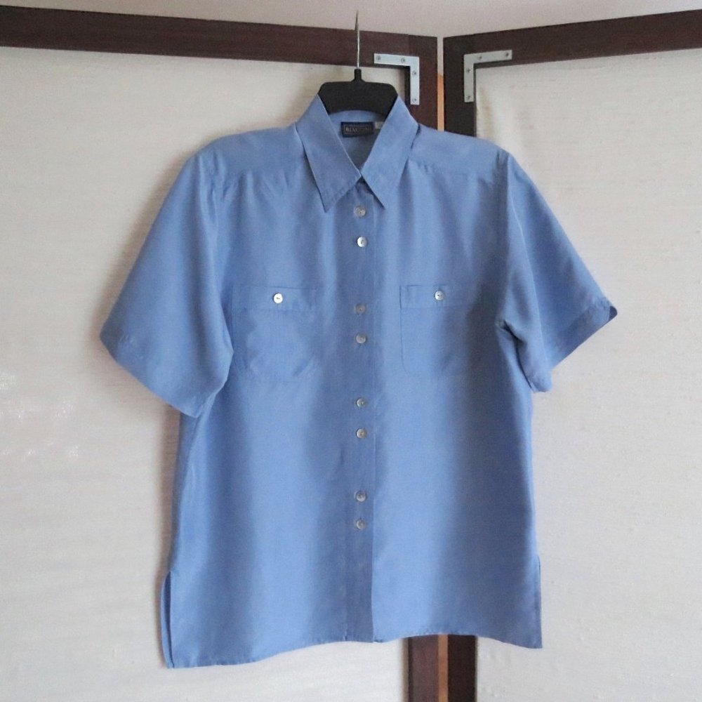 Blue Silk Short Sleeved Collared Button Front Blouse